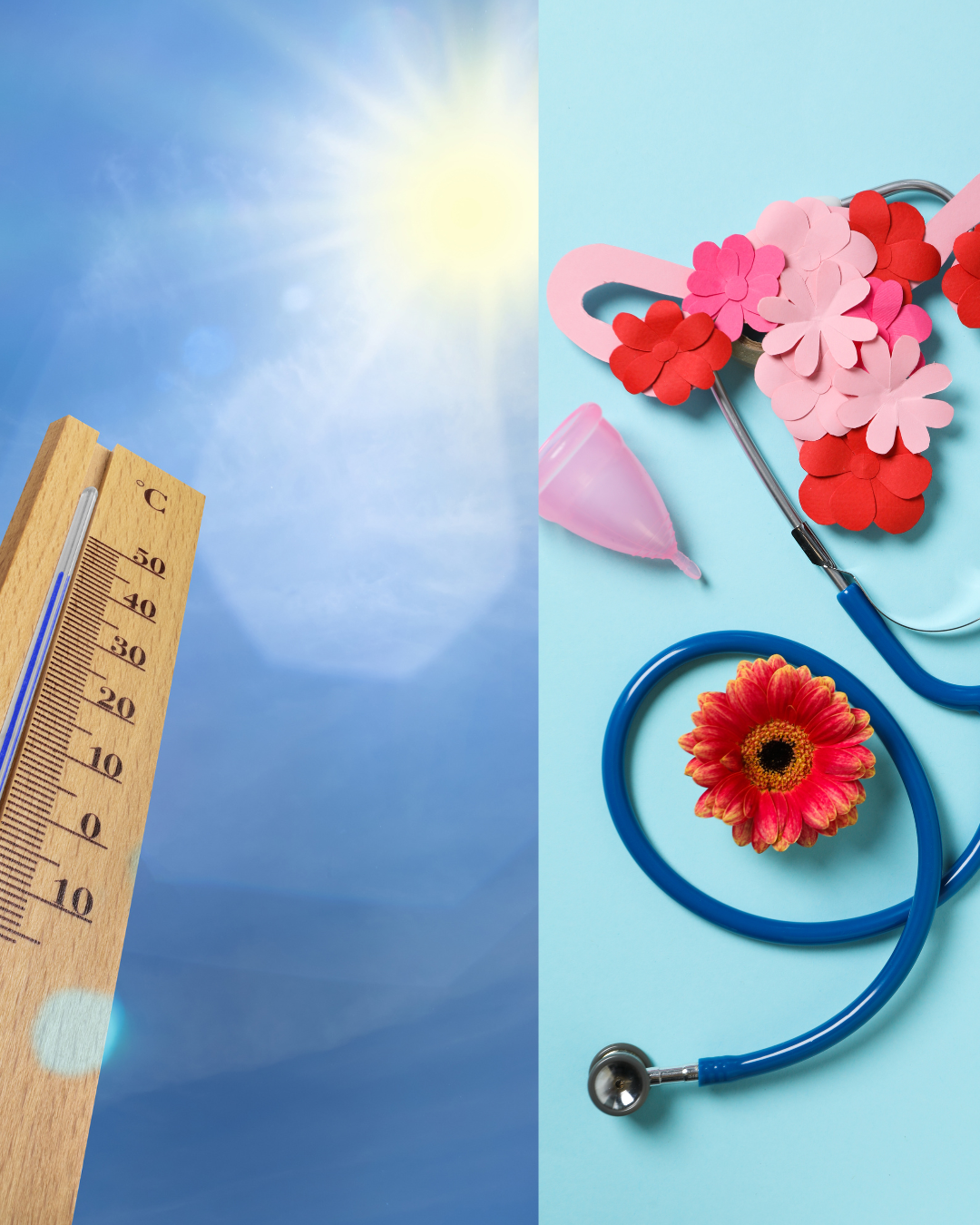 Femme souffrant de la chaleur pendant une canicule avec une bouillotte froide et une bouteille d'eau, illustrant l'impact des fortes températures sur le confort des femmes atteintes d'endométriose.