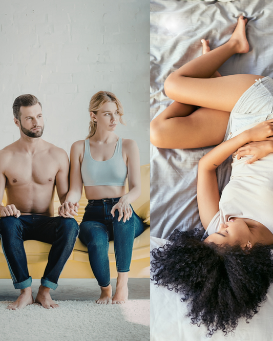Couple se tenant la main dans un salon, illustrant le soutien et la communication face aux défis de l'endométriose.