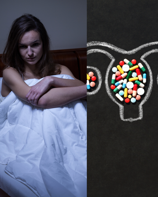 Illustration représentant une femme éveillée dans son lit en raison de douleurs liées à l'endométriose et de troubles du sommeil.