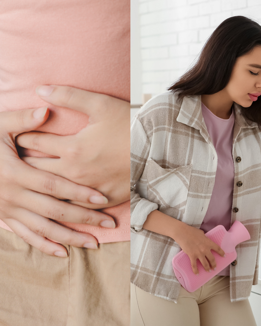 Femme souffrant de règles douloureuses tenant une bouillotte sur son ventre, illustrant les douleurs menstruelles et l'importance d'un diagnostic médical.