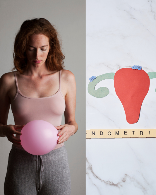 Photo représentant une femme souffrant d'un ventre gonflé avec des icônes illustrant les différentes causes possibles des ballonnements et de l'inconfort digestif.