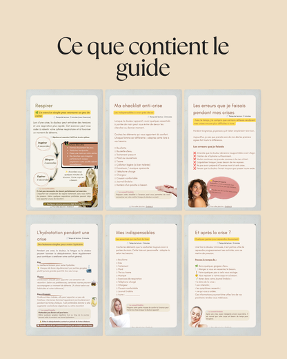Aperçu des pages du guide Les Essentiels Endolia comprenant respiration, checklist anti-crise, hydratation, indispensables et conseils après une crise d'endométriose.