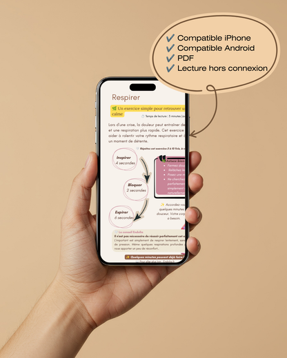 Guide numérique Endolia compatible iPhone, Android et PDF avec lecture hors connexion pour accompagner les crises d'endométriose.