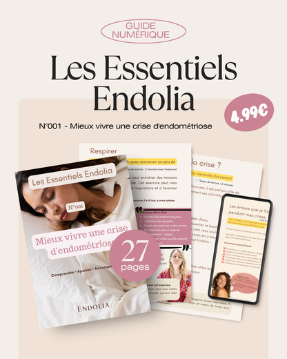 Guide numérique Les Essentiels Endolia n°001 pour mieux vivre une crise d'endométriose avec aperçu des pages et téléchargement immédiat.
